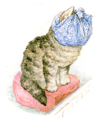 Miss Moppet ties up her 
         head in a duster, and sits before the fire.
