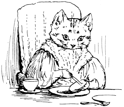 Kitty eats muffins with her tea
